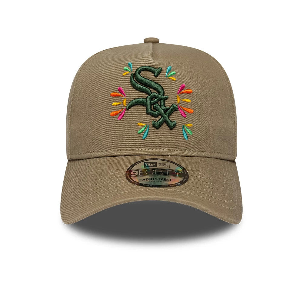 Chicago White Sox MLB Vibrant Festivities Beige New Era 9FORTY A-Frame Adjustable Cap, front view showing the green and multicoloured embroidered logo on the crown, with a curved beige visor and a 9FORTY size sticker.