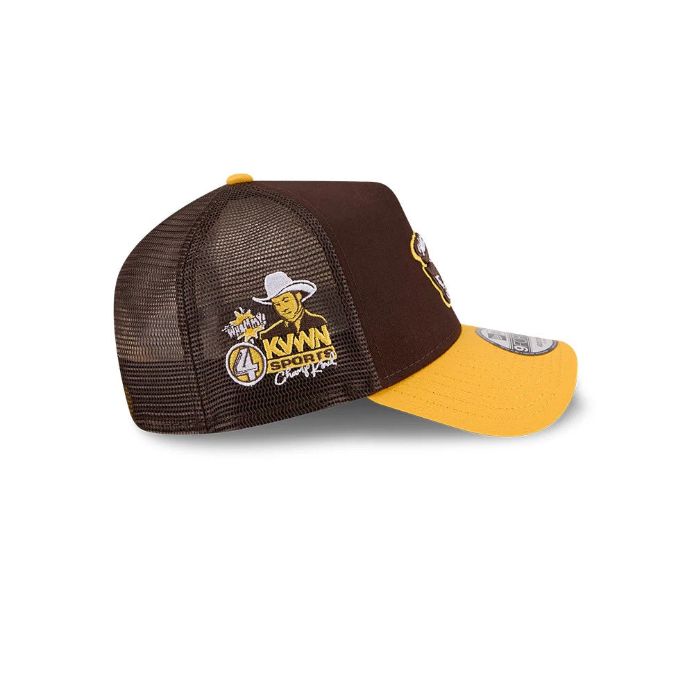 Pictured is this MLB X Anchorman Whammy San Diego Padres 9FORTY A-Frame Trucker Adjustable cap in dark brown. 7
