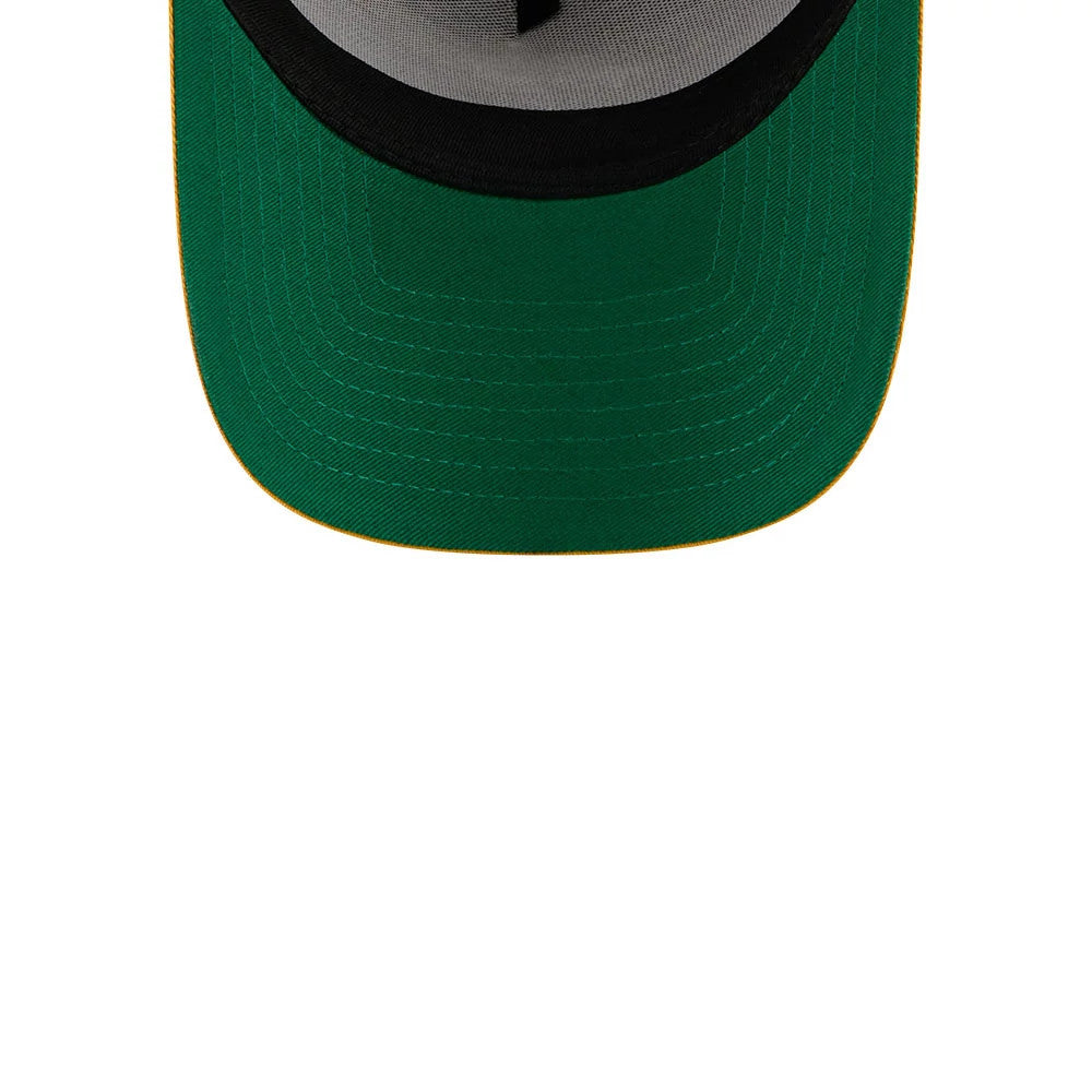 Padres MLB X Anchorman Whammy Dark Brown New Era 9FORTY A-Frame Trucker Adjustable Cap, inside view showing a bright green undervisor, black sweatband lining the crown, and grey interior taping beneath the structured crown panels.