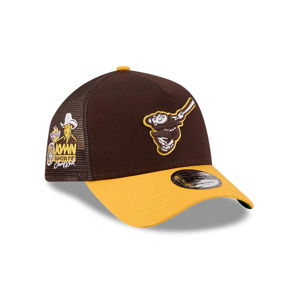 Pictured is this MLB X Anchorman Whammy San Diego Padres 9FORTY A-Frame Trucker Adjustable cap in dark brown. 1