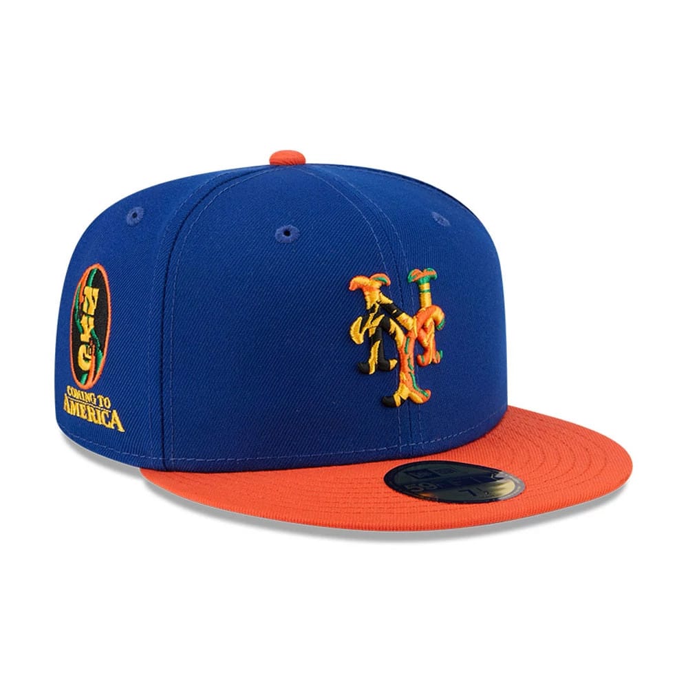 Pictured is this MLB X Coming To America New York Mets 59FIFTY Fitted cap in blue. 1