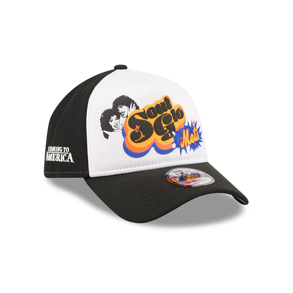 Mets MLB X Coming To America Soul Glo White New Era 9FORTY A-Frame Adjustable Cap, front view showing the yellow, blue, and orange Soul Glo Mets graphic on the white front panel, with a curved black visor and a 9FORTY size sticker.