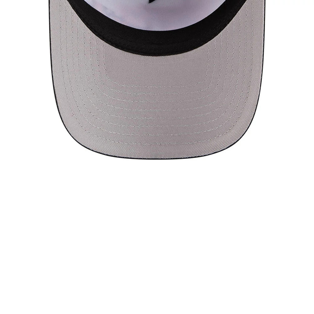 Mets MLB X Coming To America Soul Glo White New Era 9FORTY A-Frame Adjustable Cap, inside view showing the black sweatband against the white interior, with a black curved visor and detailed stitching on the light grey undervisor.