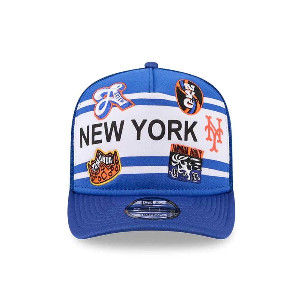 Pictured is this MLB X Coming To America New York Mets 9FIFTY A-Frame Snapback Adjustable cap in blue. 3
