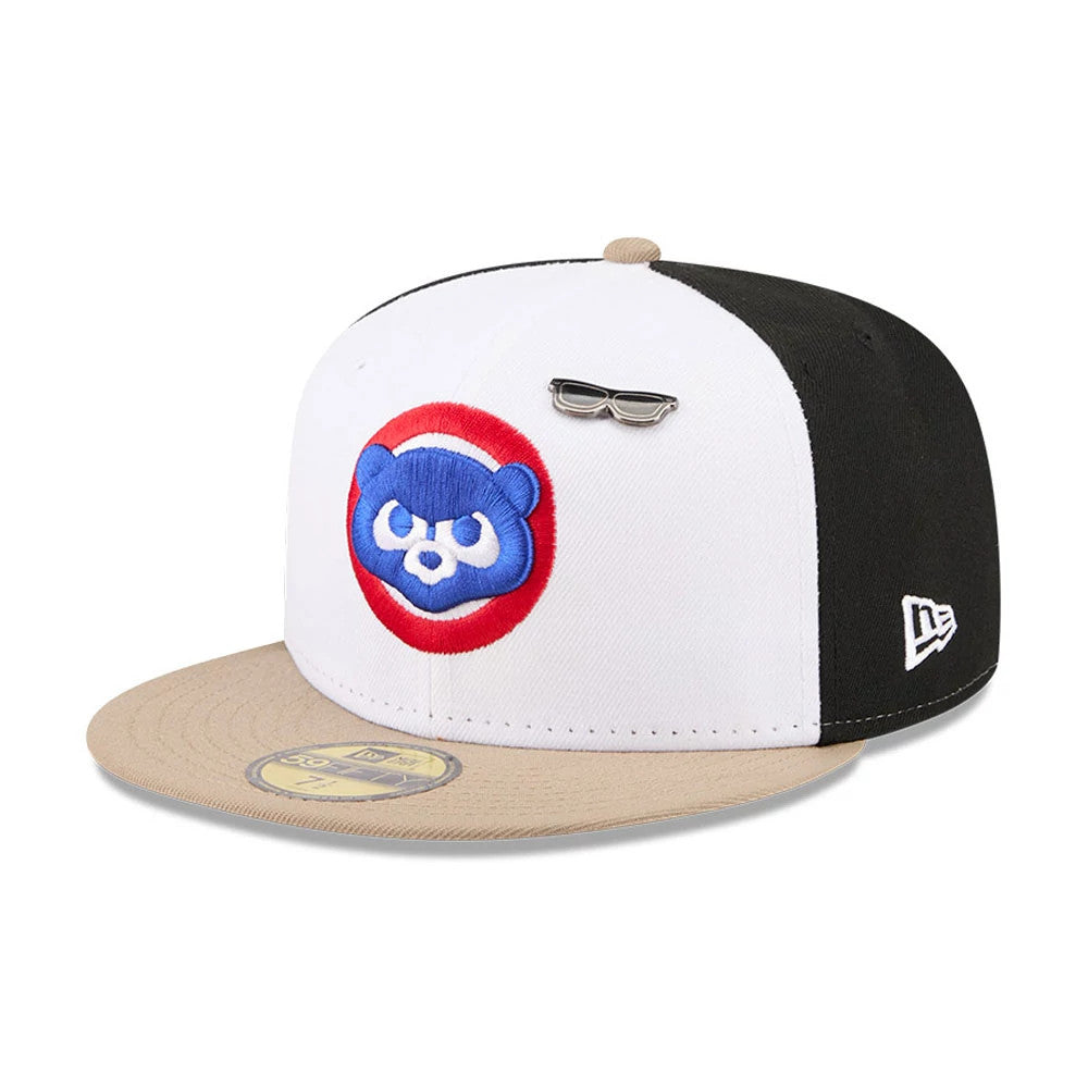 Chicago Cubs MLB X Ferris Bueller's Day Off White New Era 59FIFTY Fitted Cap, front view showing the blue bear logo with white and red circle embroidery on white panels, a sunglasses pin above, a beige visor.