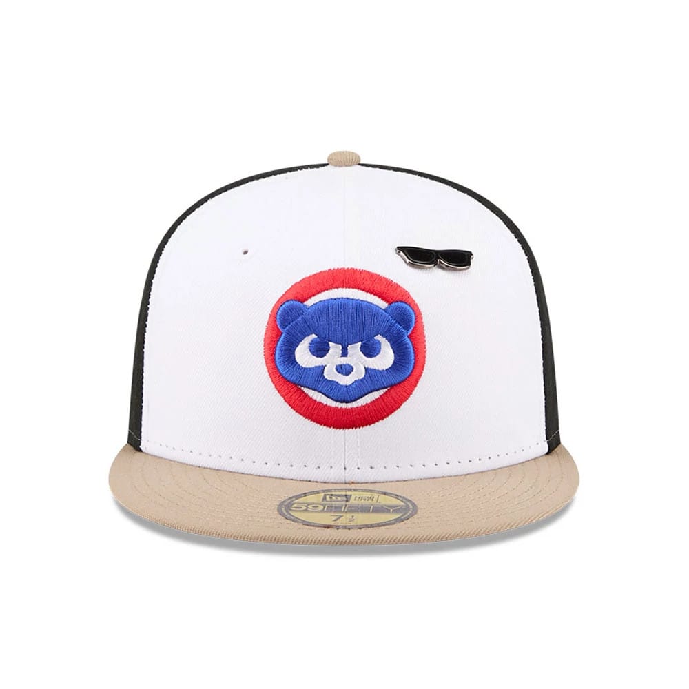 Chicago Cubs MLB X Ferris Bueller's Day Off White New Era 59FIFTY Fitted Cap, front view showing the raised blue and red embroidered Cubs logo on the white front panel, with a black sunglasses pin.