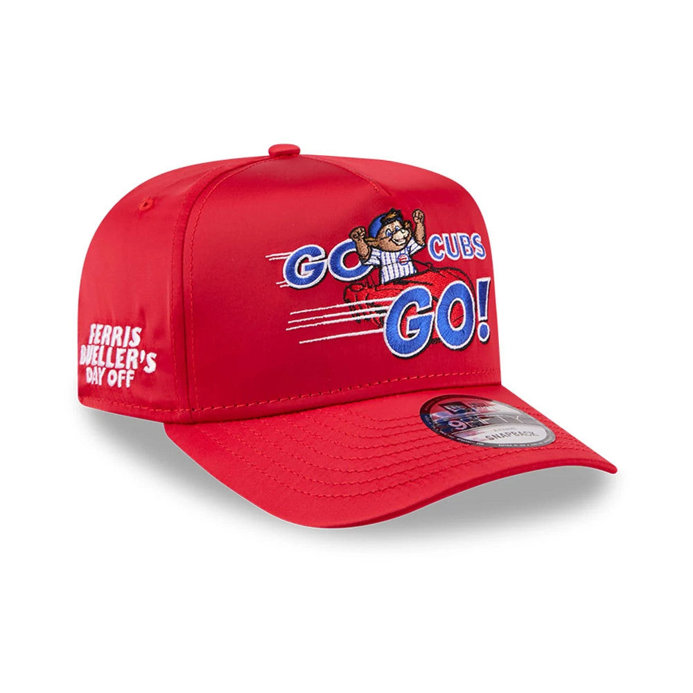 Pictured is this MLB X Ferris Bueller's Day Off Chicago Cubs 9FIFTY A-Frame Snapback Adjustable cap in red. 1