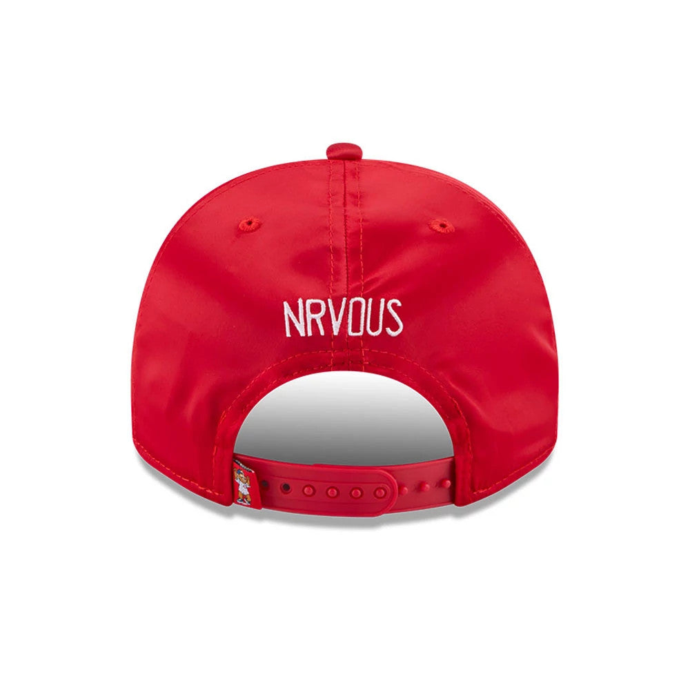 Pictured is this MLB X Ferris Bueller's Day Off Chicago Cubs 9FIFTY A-Frame Snapback Adjustable cap in red. 7