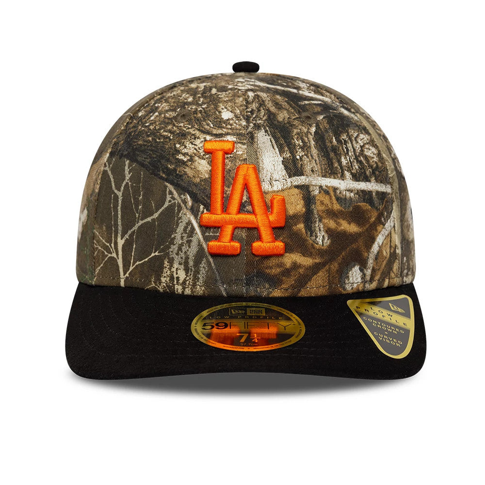 LA Dodgers MLB Realtree Assorted Print Low Profile New Era 59FIFTY Fitted Cap, front view showing the orange LA logo in raised embroidery on a camouflage-patterned crown, with a black visor and gold 59FIFTY size sticker.