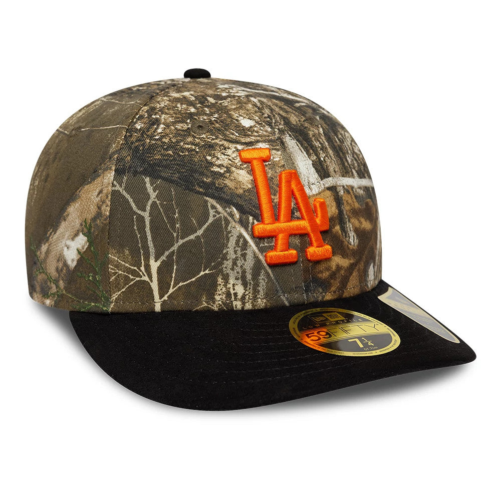 LA Dodgers MLB Realtree Assorted Print Low Profile New Era 59FIFTY Fitted Cap, front view showing the raised orange LA embroidery on the textured Realtree camo crown, a contrasting black visor and a gold 59FIFTY size sticker on the visor.