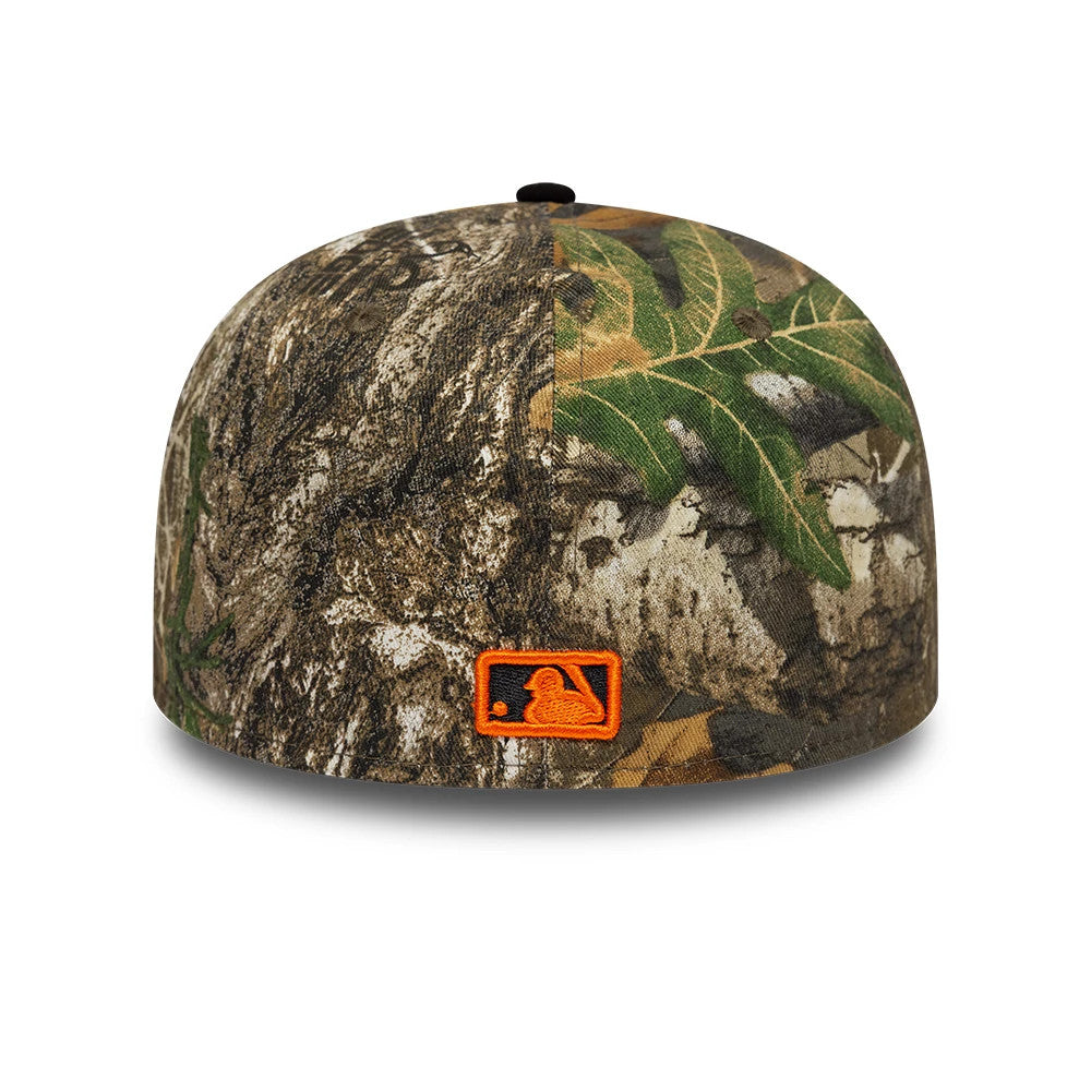 LA Dodgers MLB Realtree Assorted Print Low Profile New Era 59FIFTY Fitted Cap, rear view showing the bright orange embroidered MLB Batterman logo at the centre back against a camouflage pattern featuring green leaves and tree bark.