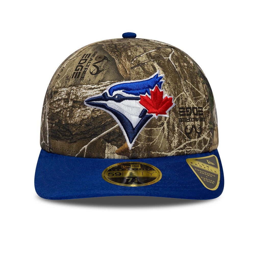Toronto Blue Jays MLB Realtree Assorted Print Low Profile New Era 59FIFTY Fitted Cap, front view showing the blue and red embroidered Blue Jays logo on the camo front panel, with a blue visor and a gold 59FIFTY size sticker on the visor.