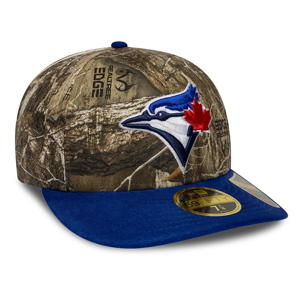 Toronto Blue Jays MLB Realtree Assorted Print Low Profile New Era 59FIFTY Fitted Cap, front view showing a raised embroidered Blue Jays logo on the camouflage front panel, contrasted with a blue visor and a gold 59FIFTY size sticker on the visor.