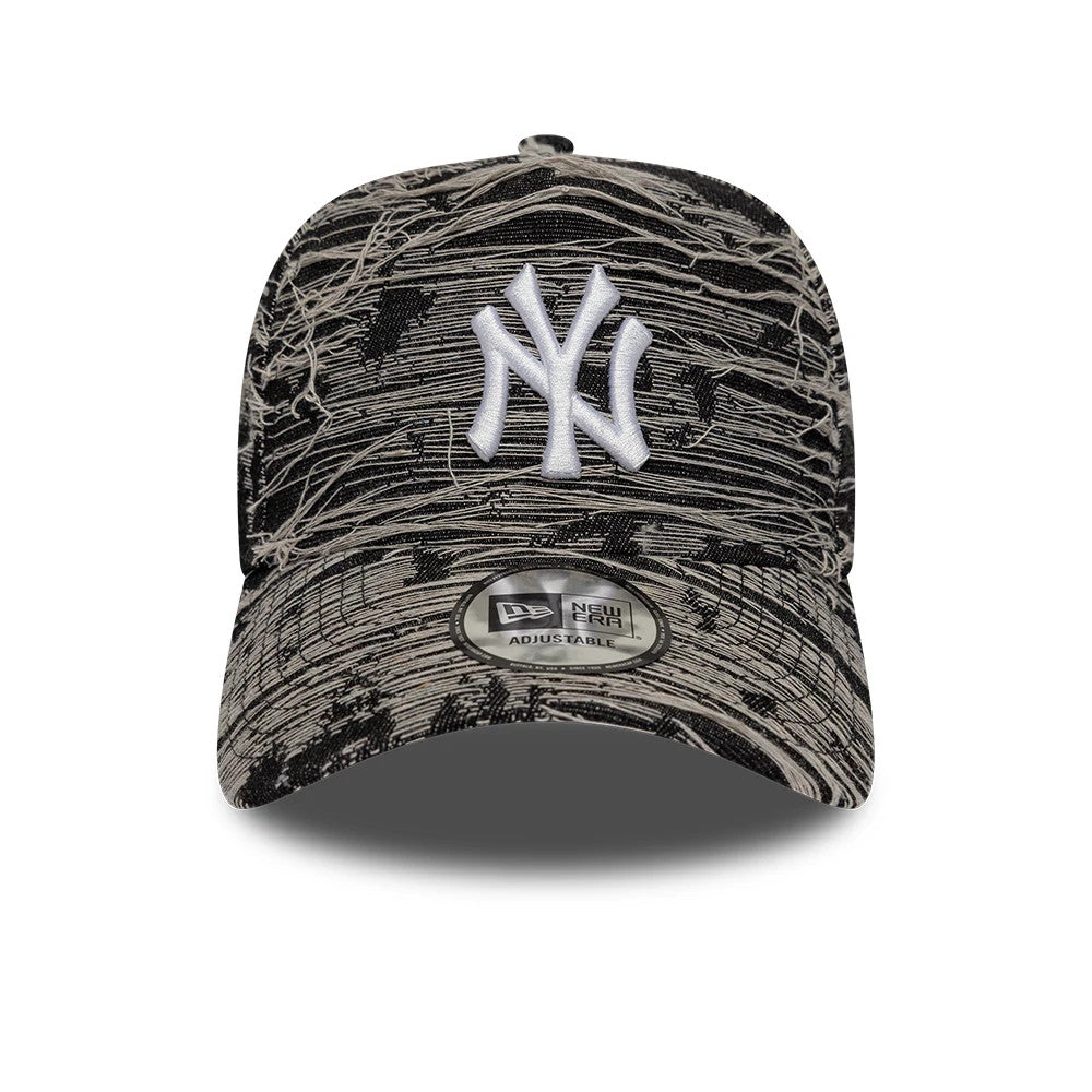 New York Yankees MLB Distressed Denim Black New Era 9FORTY E-Frame Adjustable Cap, front view showing the raised white embroidered NY logo on the crown, a distressed denim pattern, and 9FORTY size sticker on the curved black visor.