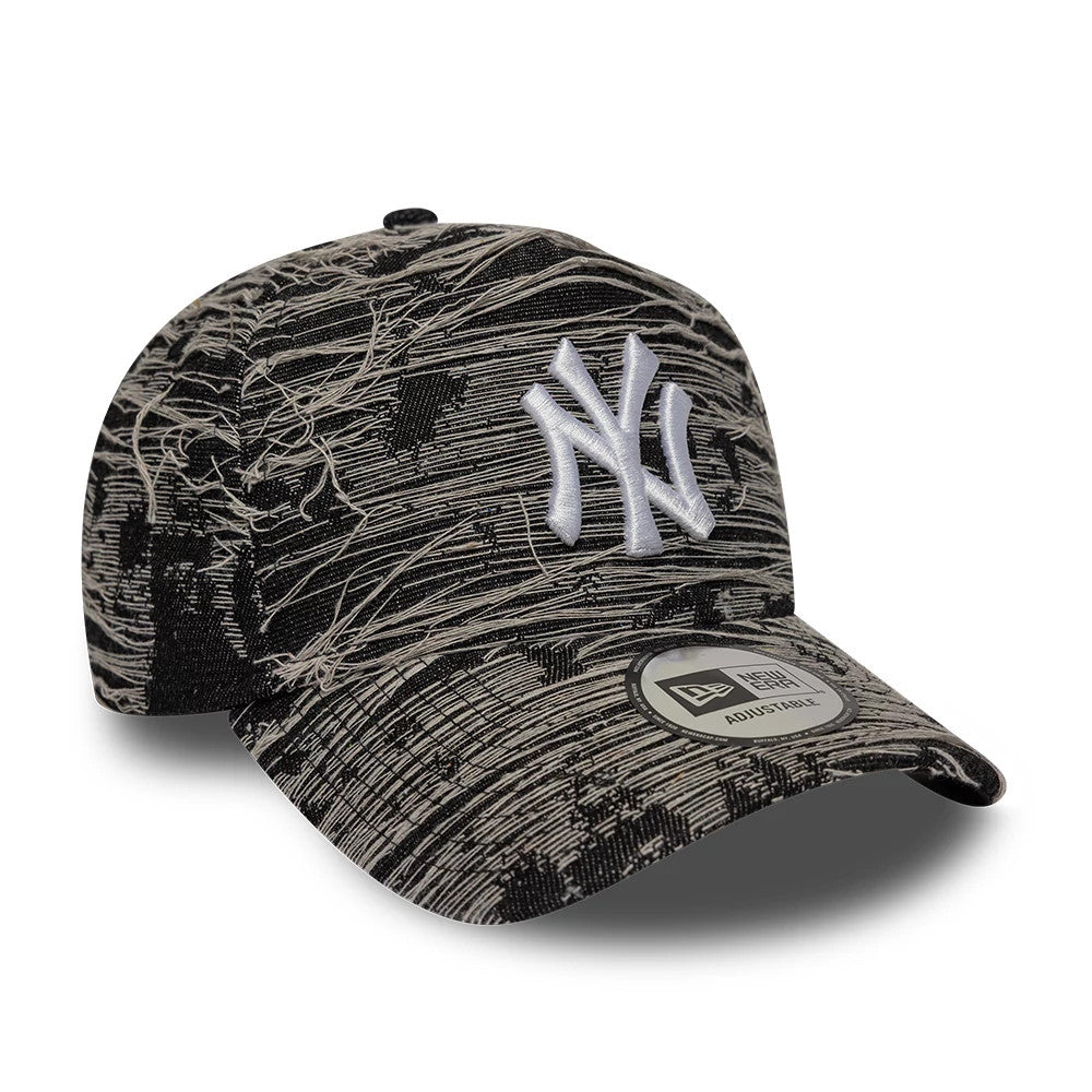 New York Yankees MLB Distressed Denim Black New Era 9FORTY E-Frame Adjustable Cap, three-quarter view showing the white raised embroidered NY logo on the front panel, with a distressed black denim pattern.