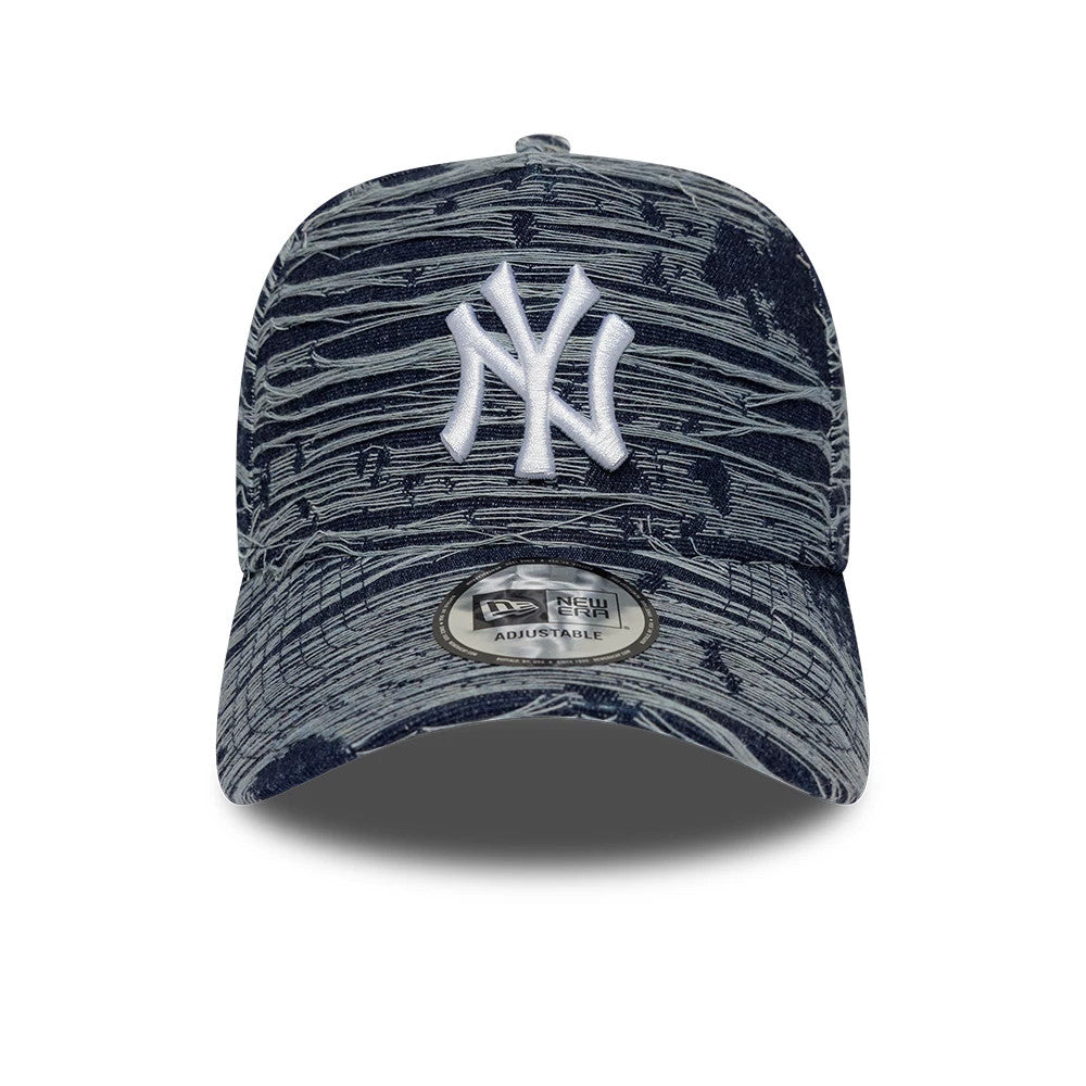 New York Yankees MLB Distressed Denim Navy New Era 9FORTY E-Frame Adjustable Cap, front view showing a white embroidered NY logo on the distressed denim pattern crown, curved visor, and a New Era 9FORTY size sticker on the visor.