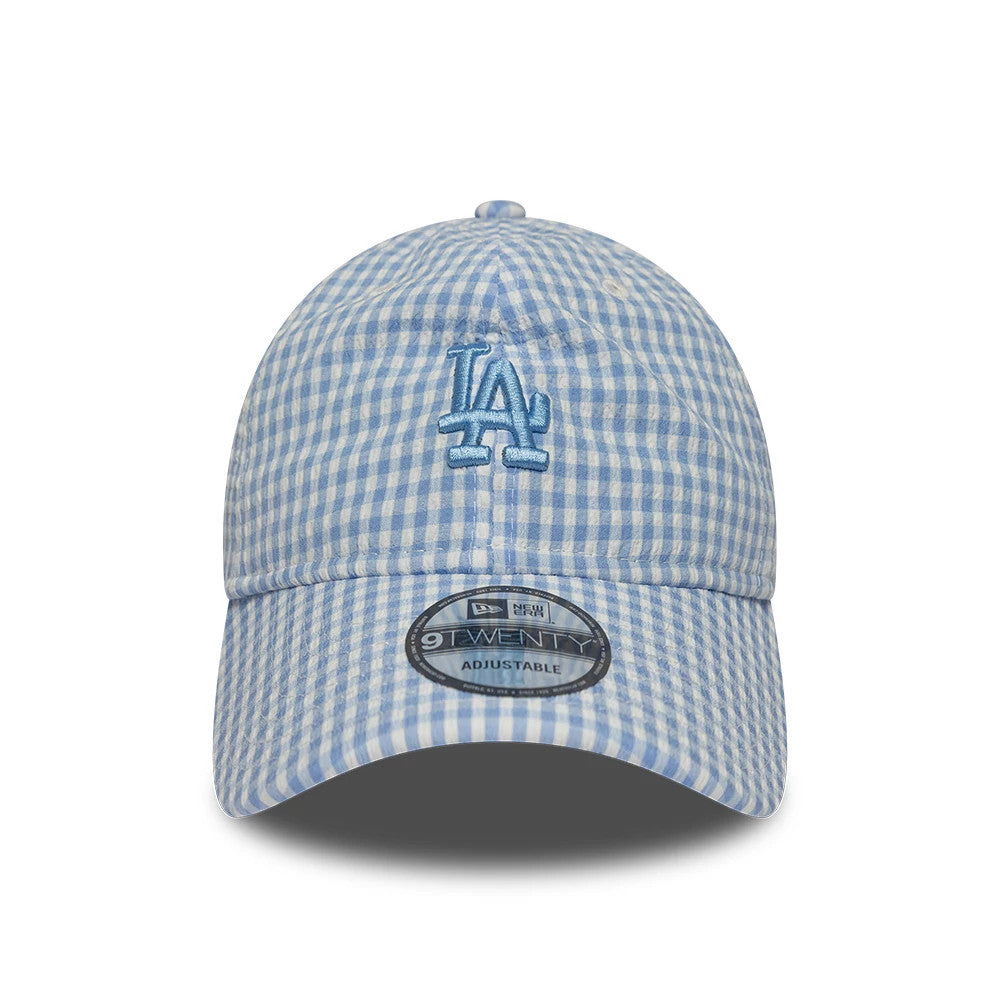 Pictured is this MLB Gingham Bowback LA Dodgers 9TWENTY Adjustable cap in pastel blue. 3