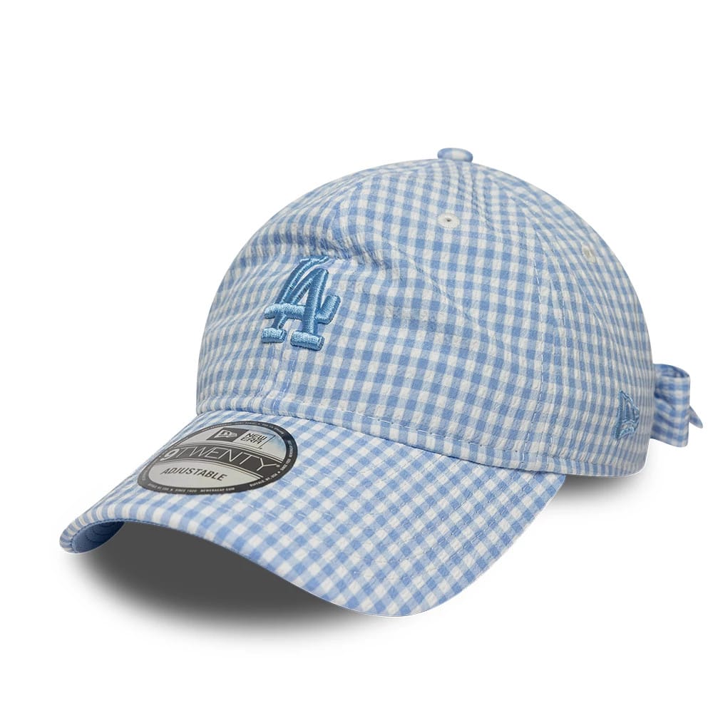 Pictured is this MLB Gingham Bowback LA Dodgers 9TWENTY Adjustable cap in pastel blue. 1