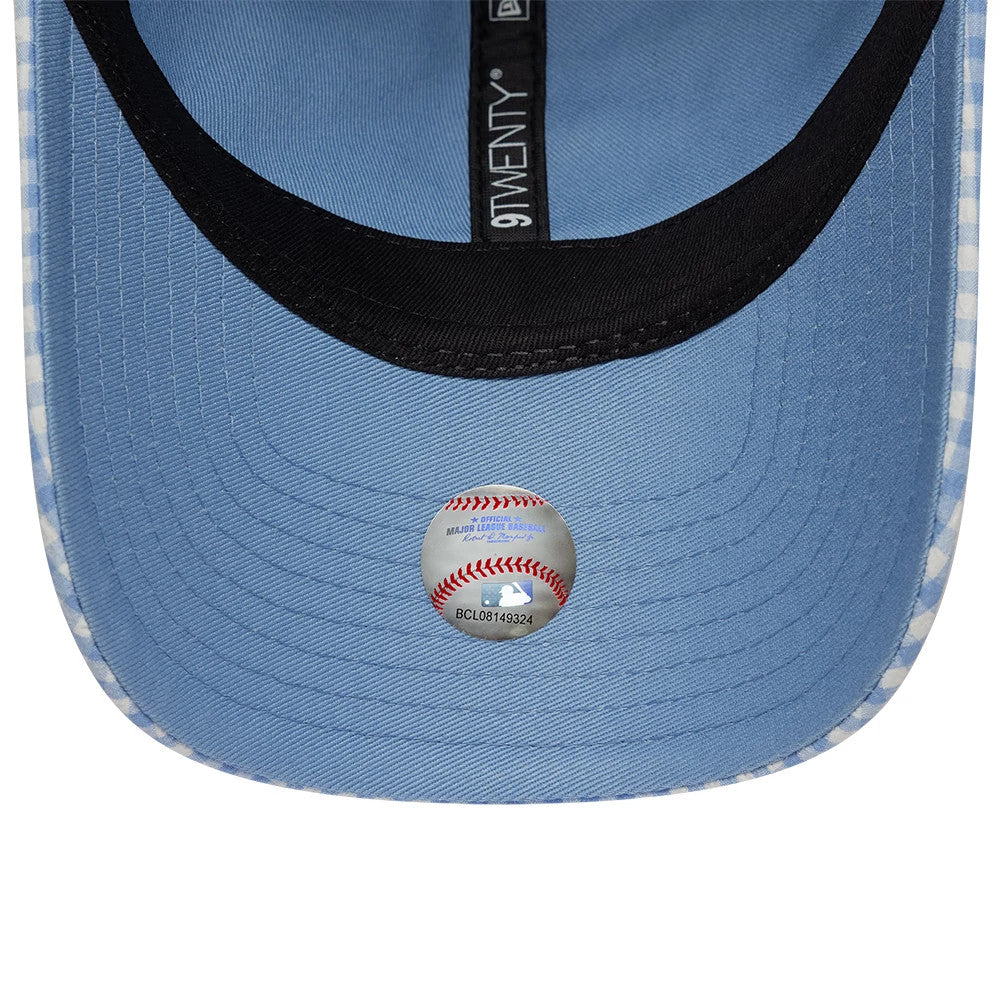 Pictured is this MLB Gingham Bowback LA Dodgers 9TWENTY Adjustable cap in pastel blue. 7