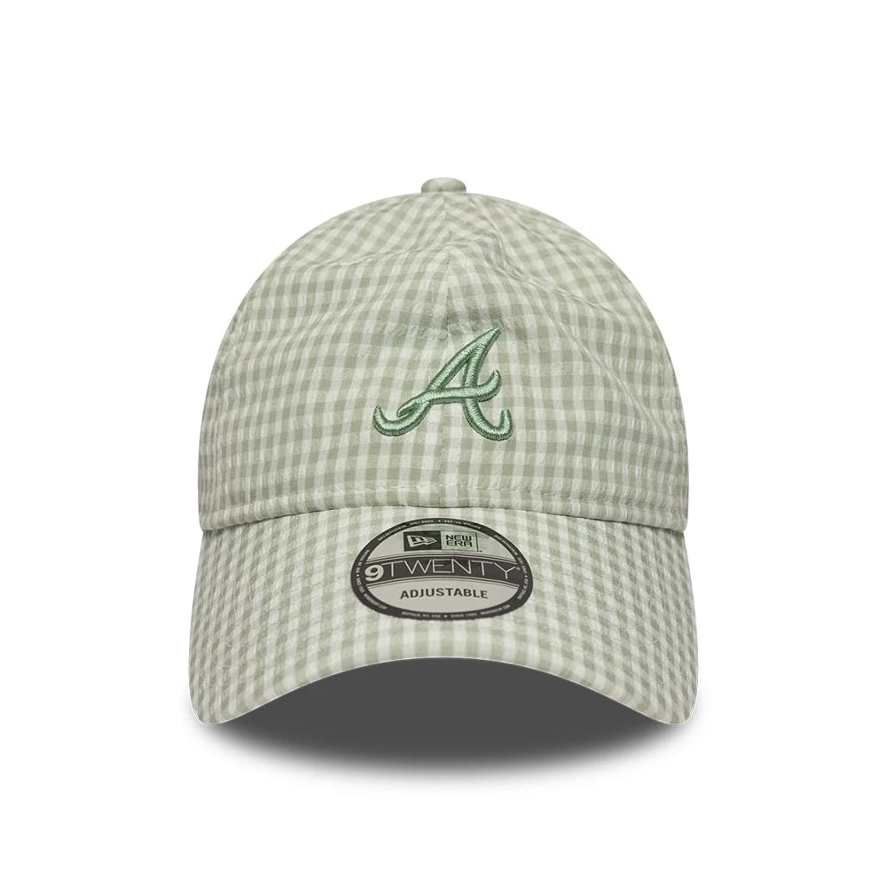 Atlanta Braves MLB Gingham Bowback Pastel Green New Era 9TWENTY Adjustable Cap, front view showing the green embroidered A logo on the pastel green gingham check crown, with a curved visor and a 9TWENTY size sticker on the front.