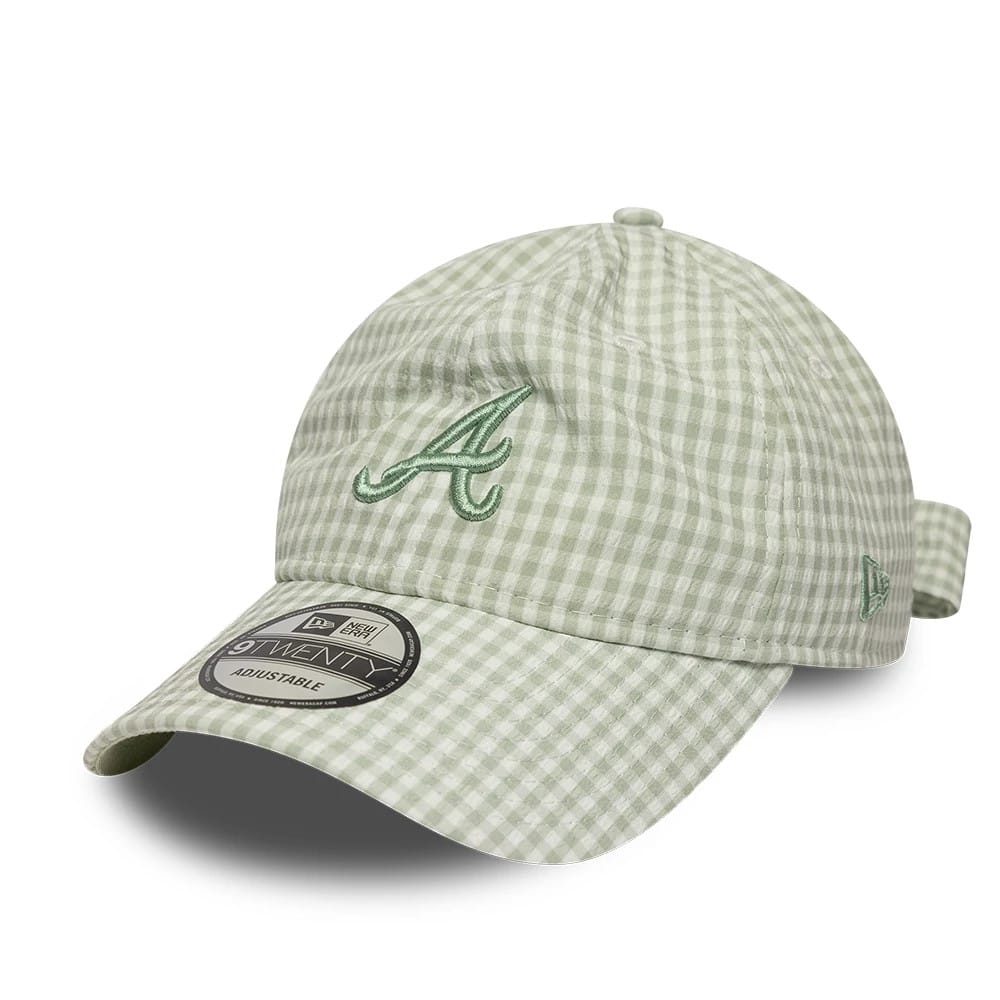 Pictured is this MLB Gingham Bowback Atlanta Braves 9TWENTY Adjustable cap in pastel green. 1