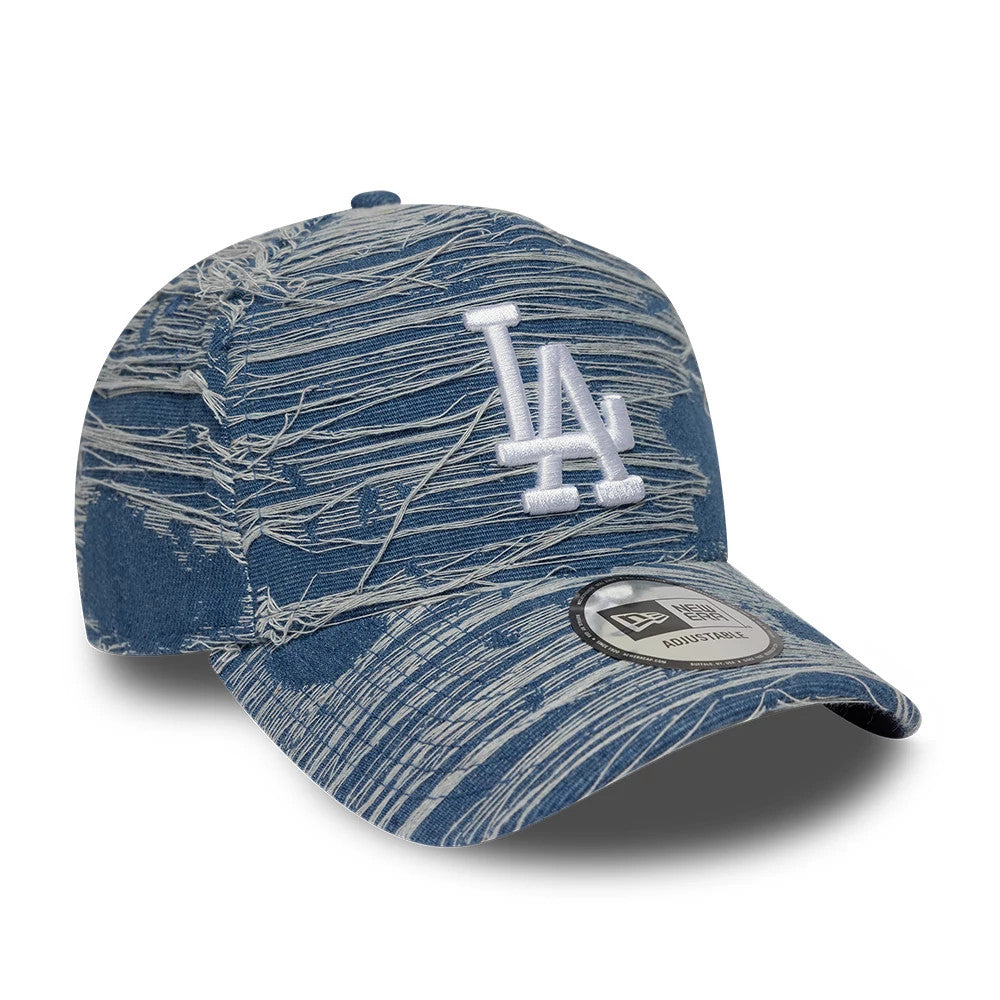 LA Dodgers MLB Distressed Denim Blue New Era 9FORTY E-Frame Adjustable Cap, three-quarter view showing the raised white LA logo embroidered on the front panel, distressed denim pattern across the crown and visor, and 9FORTY size sticker on the visor.