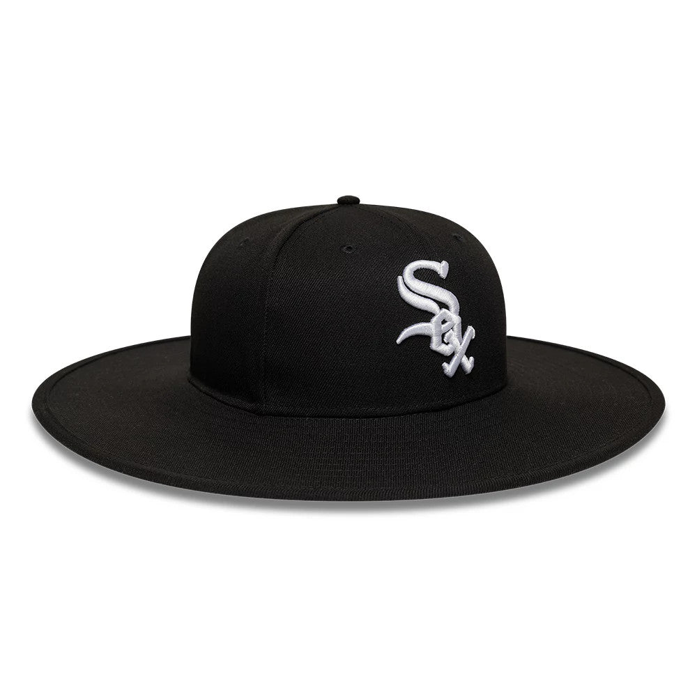 New Era Chicago White Sox MLB 6 Panel Black Fitted Bucket Hat, front view showing the white embroidered Sox logo on the structured black crown, with a wide black visor accentuating the six-panel construction and a matching top button.