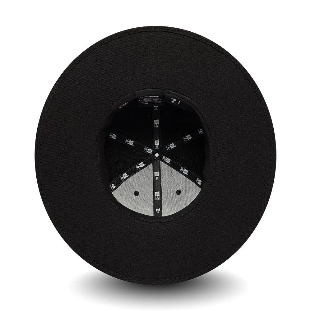 New Era Chicago White Sox MLB 6 Panel Black Fitted Bucket Hat, inside view showing grey panelling with black taping featuring white New Era logos, a black sweatband, and eyelets for ventilation around the structured crown interior.