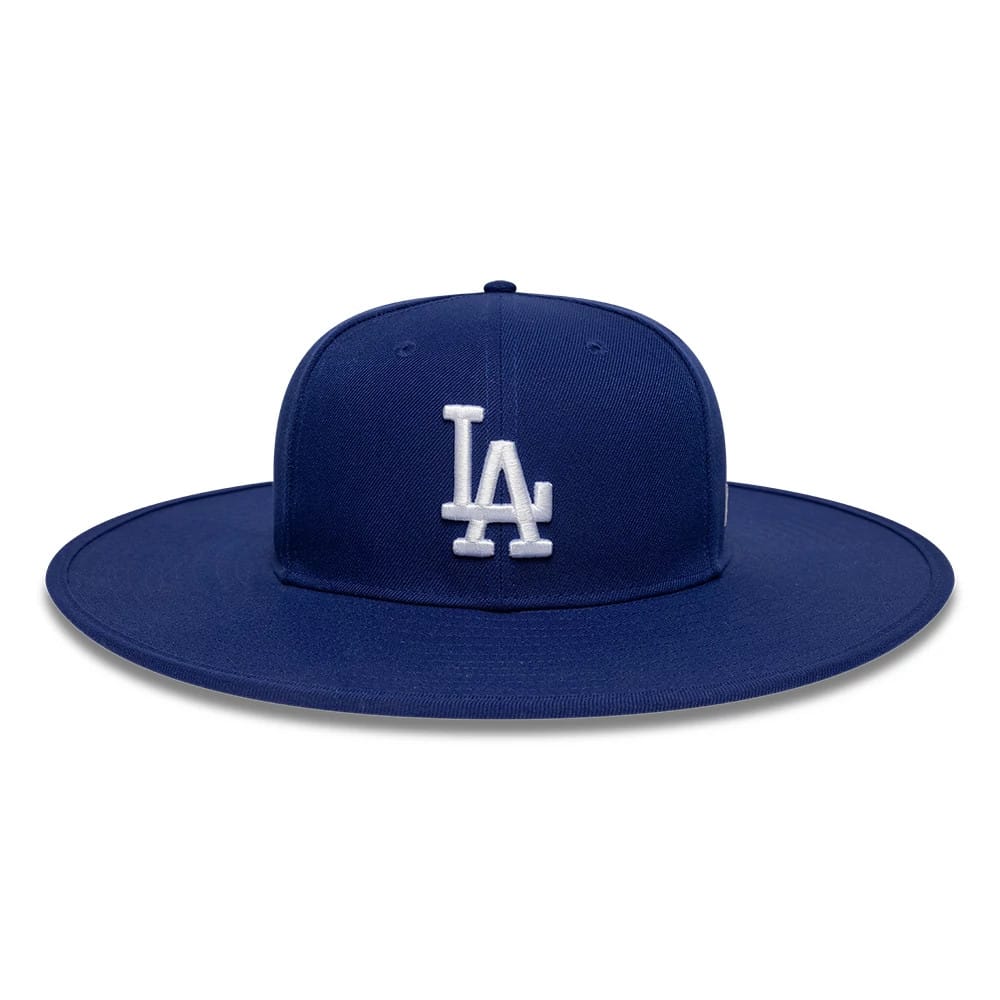 New Era LA Dodgers MLB 6 Panel Dark Blue Fitted Bucket Hat, front view showing the raised white LA logo embroidered on the structured dark blue crown, with a wide flat visor and a dark blue top button for a clean finish.