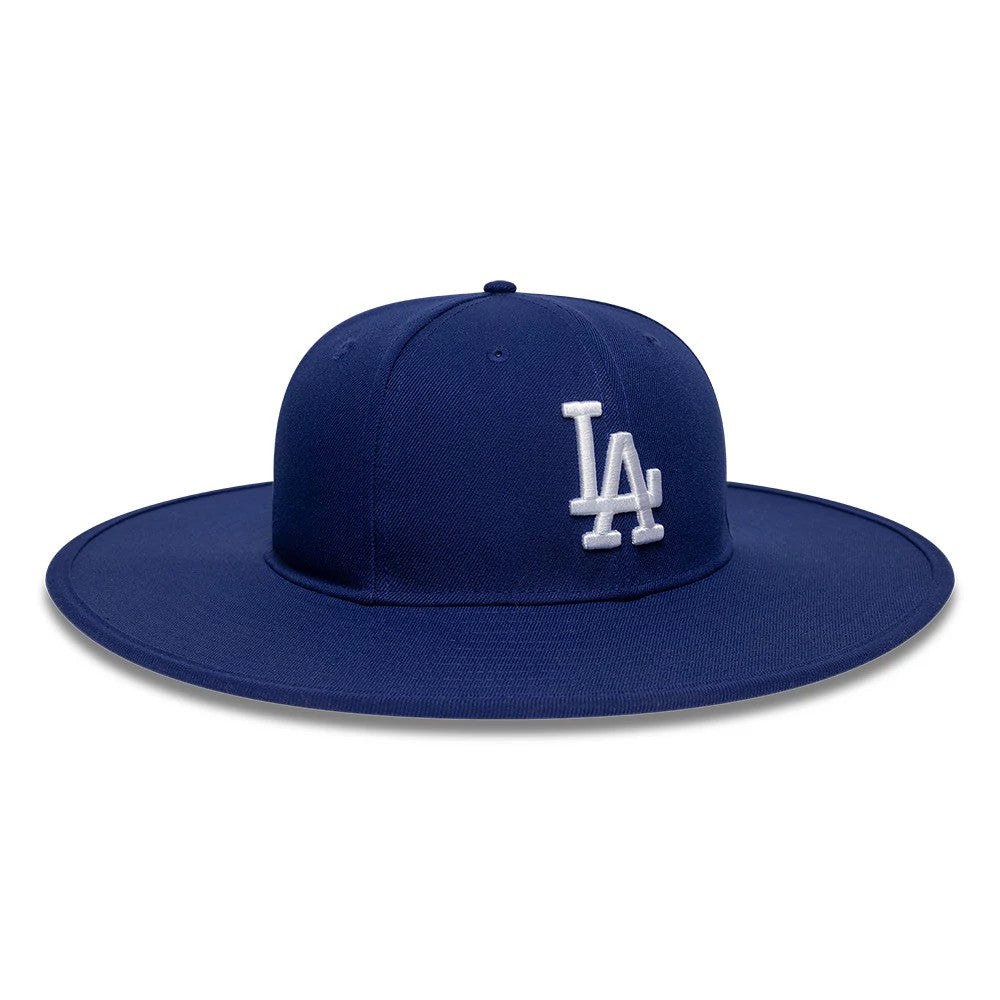 New Era LA Dodgers MLB 6 Panel Dark Blue Fitted Bucket Hat, front view showing the white embroidered LA logo on the structured dark blue crown, with a wide, flat visor and a matching top button.