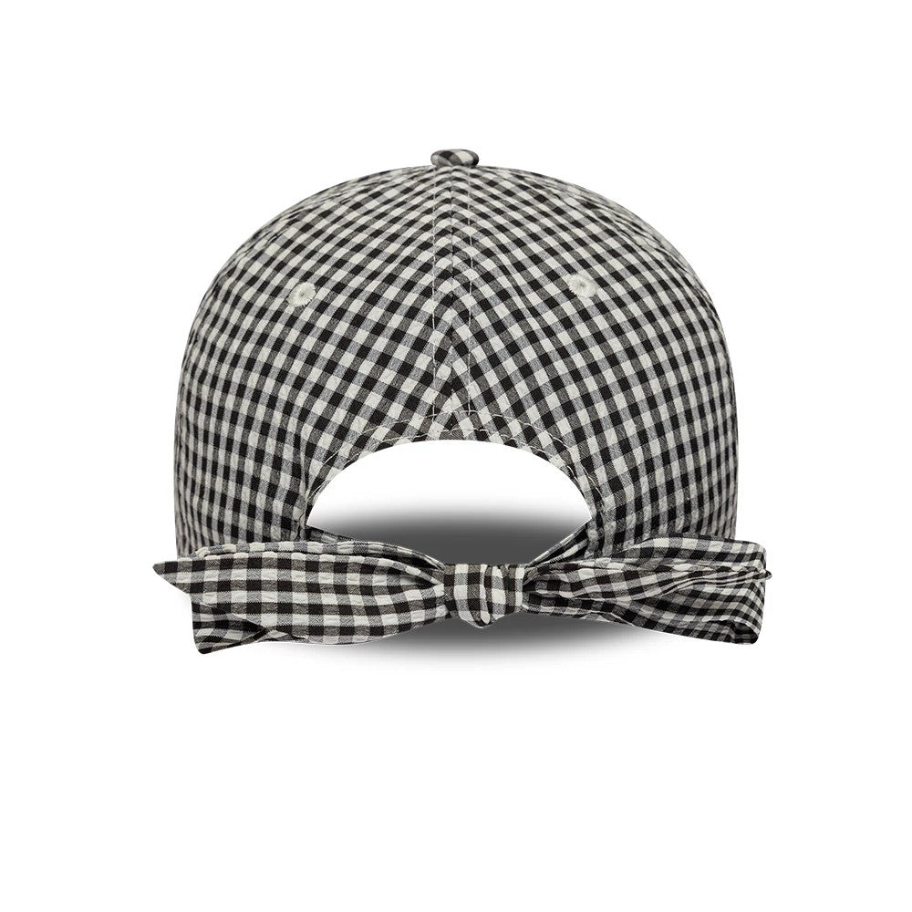 New Era Gingham Bowback Black 9TWENTY Adjustable Cap, rear view showing a black and white gingham pattern across the panels, with a matching gingham bow tied above the curved opening at the back of the cap.