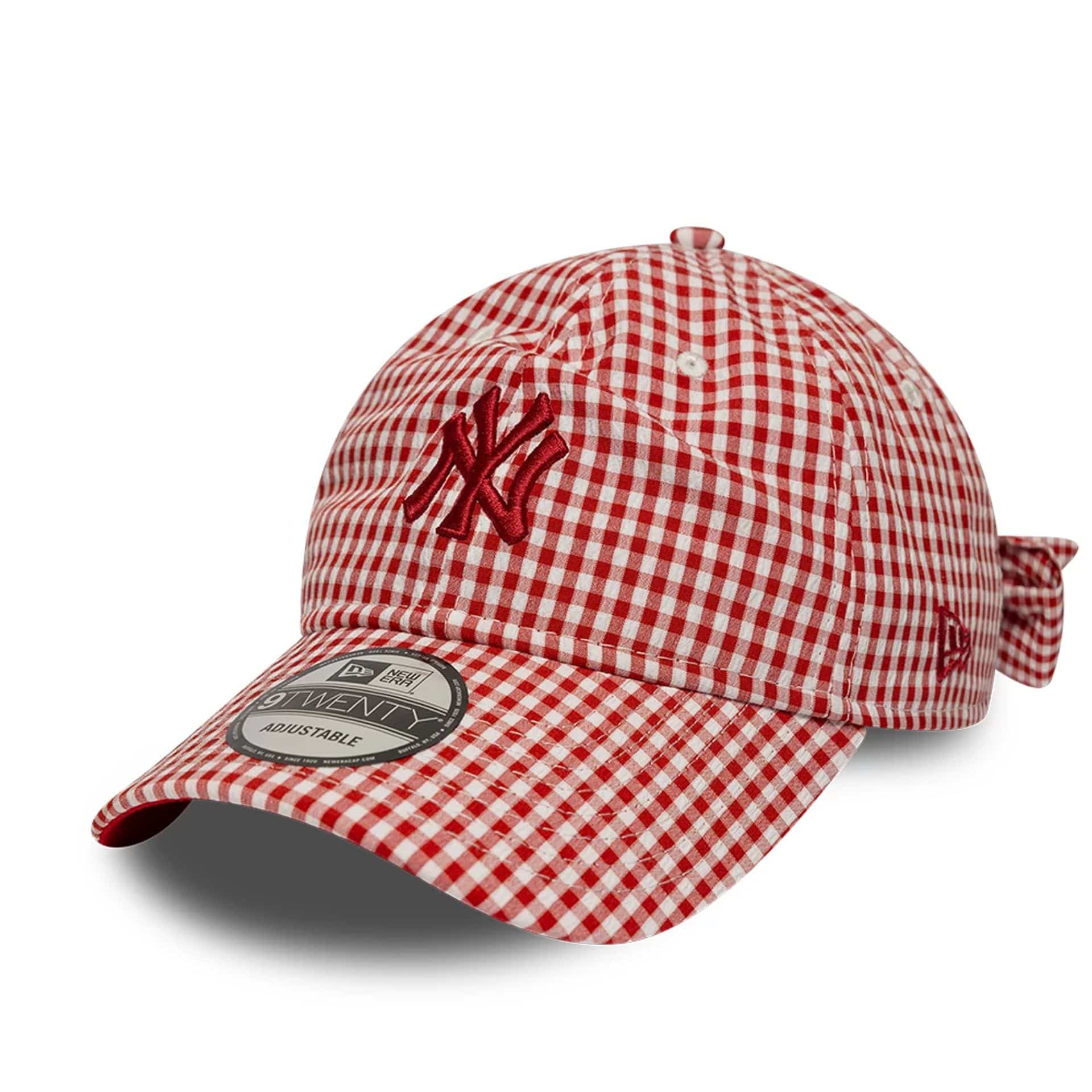 Pictured is this MLB Gingham Bowback New York Yankees 9TWENTY Adjustable cap in red. 1
