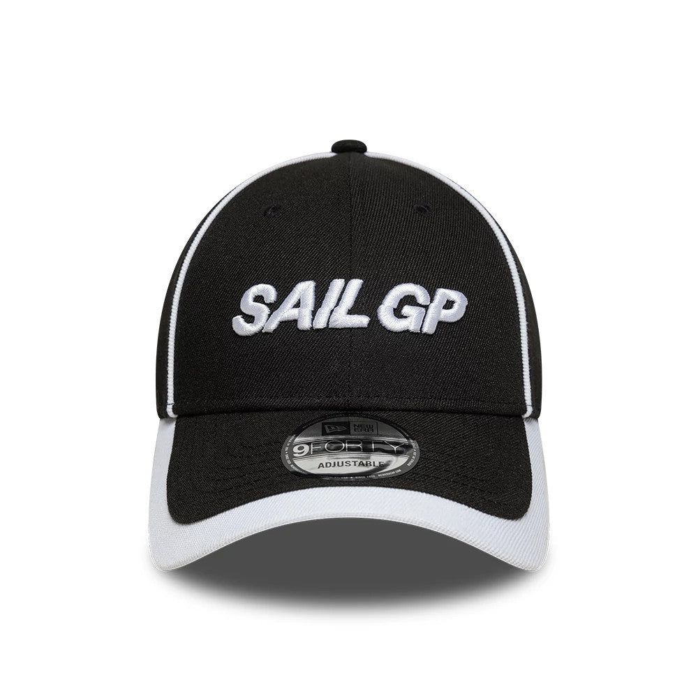 Repreve® Sail GP Piping Black New Era 9FORTY Adjustable Cap, front view showing raised white embroidered SAIL GP lettering on the black front panel, a black visor with a contrasting white edge, and a 9FORTY size sticker on the visor.