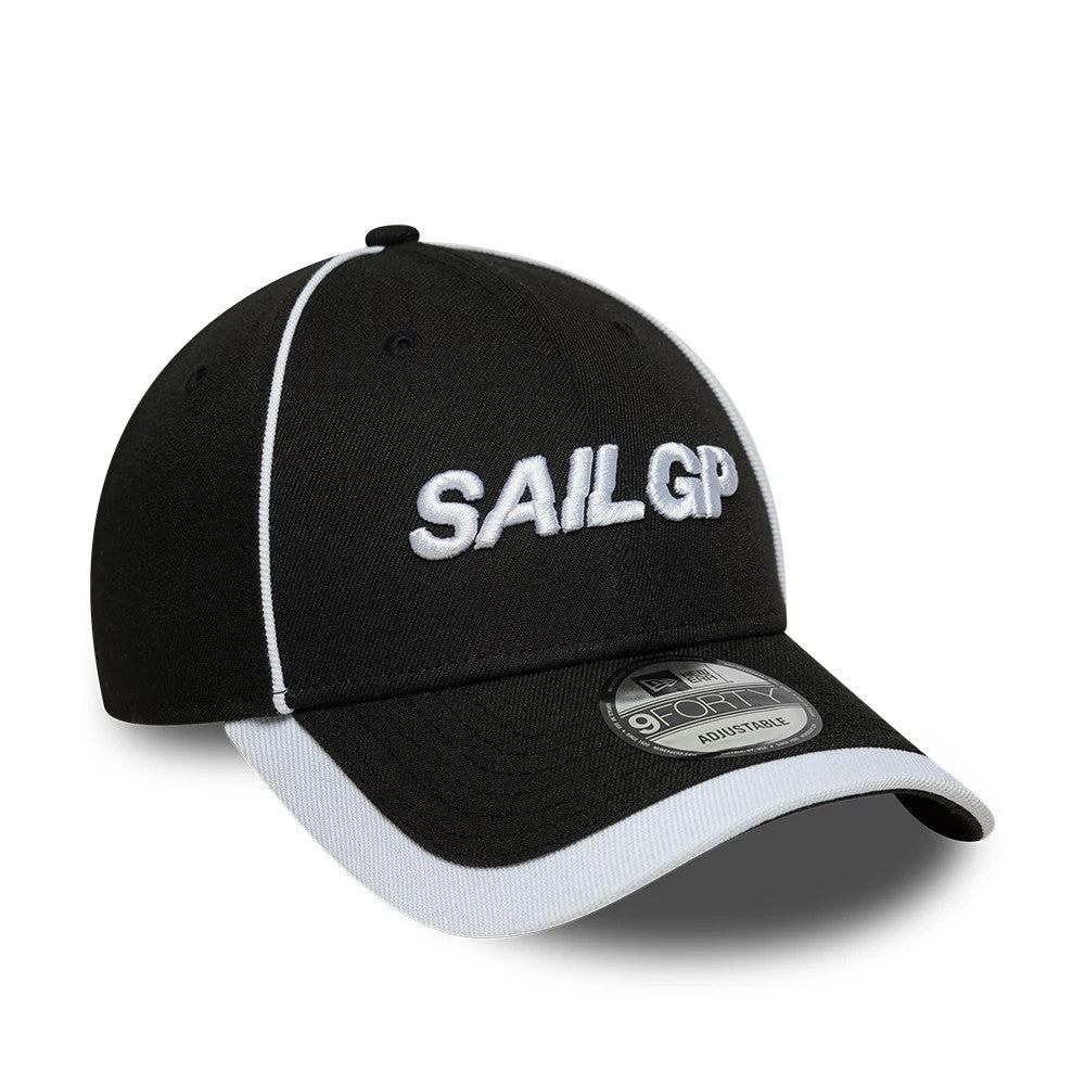 Repreve® Sail GP Piping Black New Era 9FORTY Adjustable Cap, three-quarter view showing raised white embroidered SAIL GP lettering on the front panel, a curved black visor with a 9FORTY size sticker, and white piping along the seams.