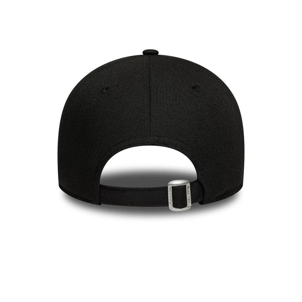Repreve® Sail GP Piping Black New Era 9FORTY Adjustable Cap, rear view featuring a structured black crown with an opening for adjustable sizing and a silver buckle at the back strap.