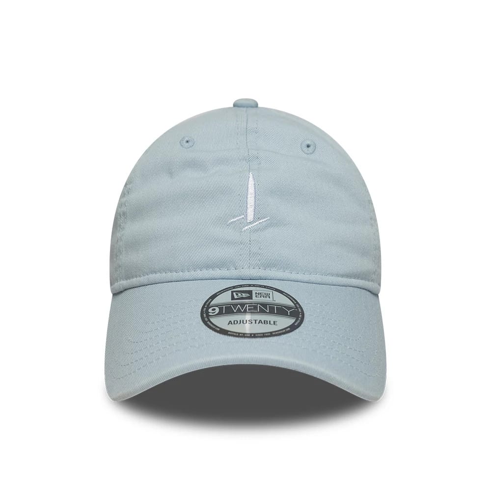 Sail GP Catamaran Pastel Blue New Era 9TWENTY Adjustable Cap, front view showing a white embroidered catamaran graphic on the structured pastel blue crown, with a curved visor and a 9TWENTY size sticker on the centre of the visor.