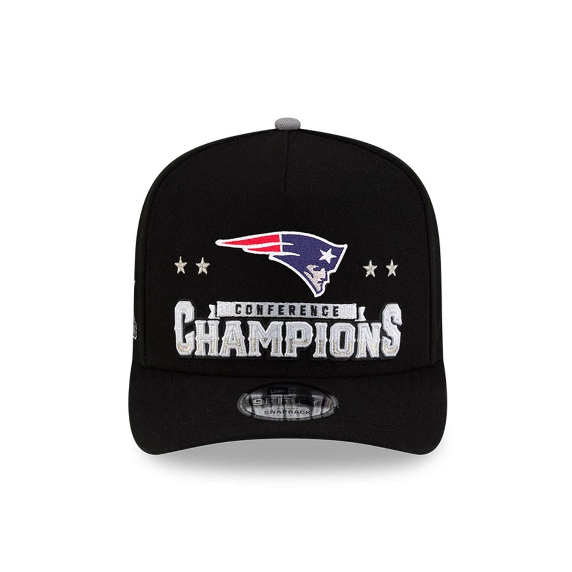 Pictured is this New England Patriots Super Bowl 2026 Conference Champions Black 9FIFTY A-Frame Snapback cap in black. 2