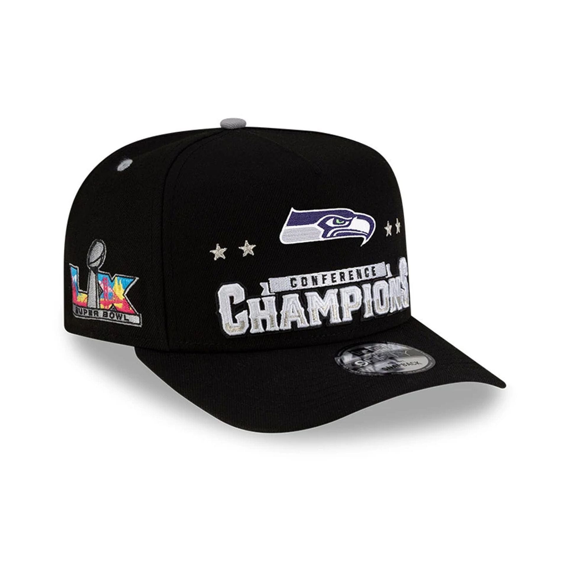 Pictured is this Seattle Seahawks Super Bowl 2026 Conference Champions Black 9FIFTY A-Frame Snapback cap in black. 1