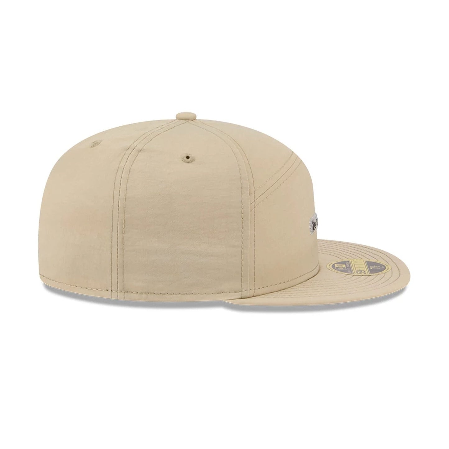 New Era 59FIFTY Day Cream Split Panel 59FIFTY Fitted Cap, rear view showing a cream-coloured structured crown, complemented by a matching flat visor with a gold 59FIFTY size sticker and embroidered top button detail.