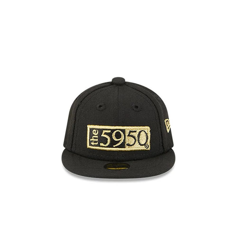 New Era 59FIFTY Day Black Mini 59FIFTY Fitted Cap, front view featuring a prominent gold embroidered the 5950 logo on the structured black crown, a flat black visor with a gold 59FIFTY size sticker, and the New Era flag logo on the left side.