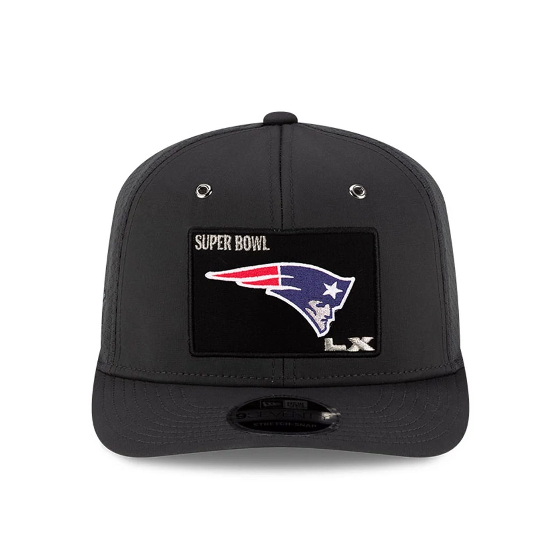 Pictured is this New England Patriots Super Bowl 2026 On Field Charcoal 9SEVENTY Stretch Snap Adjustable cap. 2