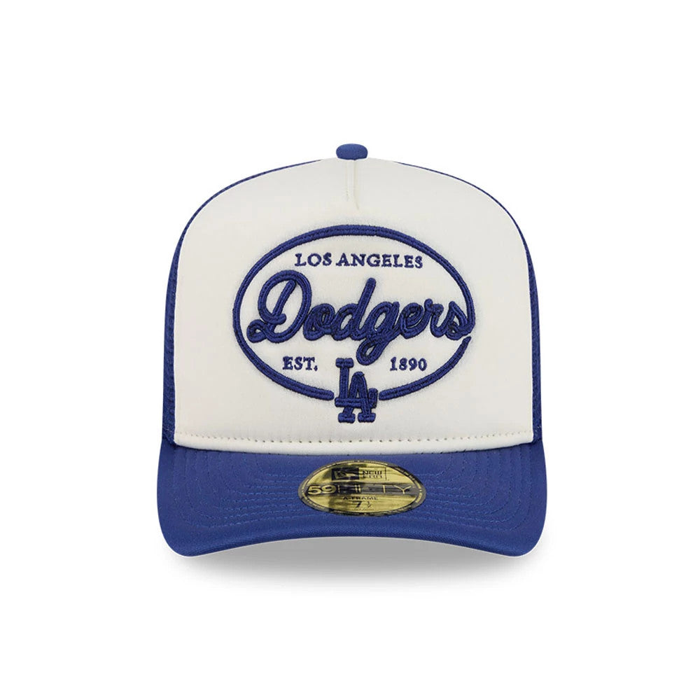 LA Dodgers MLB 59FIFTY Day Dark Blue New Era 59FIFTY A-Frame Fitted Cap, front view showing raised blue Dodgers embroidery on a white front panel, blue visor with a gold 59FIFTY size sticker, and a matching blue top button.
