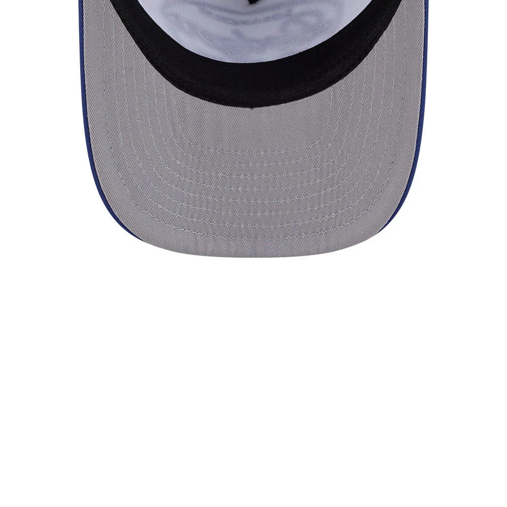 LA Dodgers MLB 59FIFTY Day Dark Blue New Era 59FIFTY A-Frame Fitted Cap, inside view showing a grey undervisor, a black sweatband with white stitching, and taping across the interior panels with partially designs.