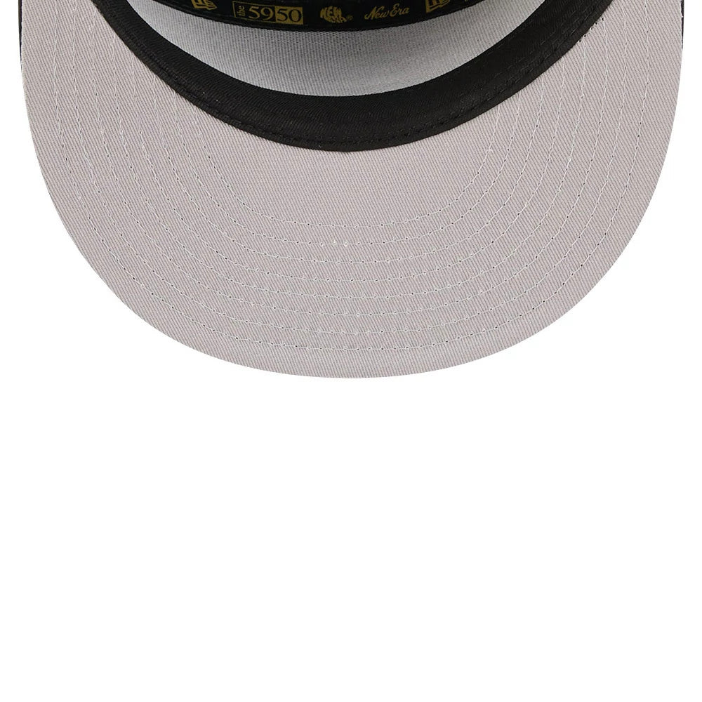 New York Yankees MLB 59FIFTY Day Black Split Panel New Era 59FIFTY Fitted Cap, inside view showing a grey undervisor with black taping featuring gold logos, including 59FIFTY and New Era, and a black sweatband lining the cap's interior.