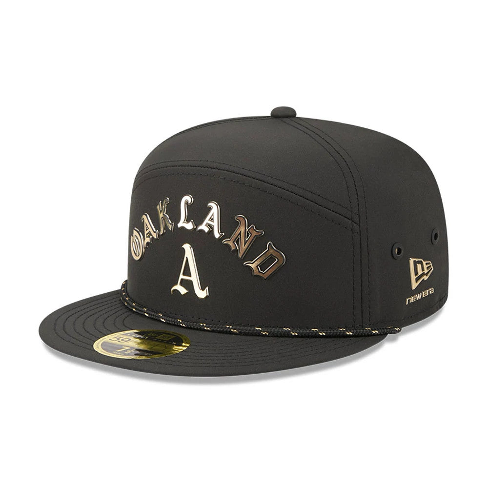 Athletics MLB 59FIFTY Day Black Split Panel New Era 59FIFTY Fitted Cap, front view showing raised gold embroidered Oakland A lettering on the front panels, with a flat black visor featuring a gold 59FIFTY size sticker and decorative rope detail.