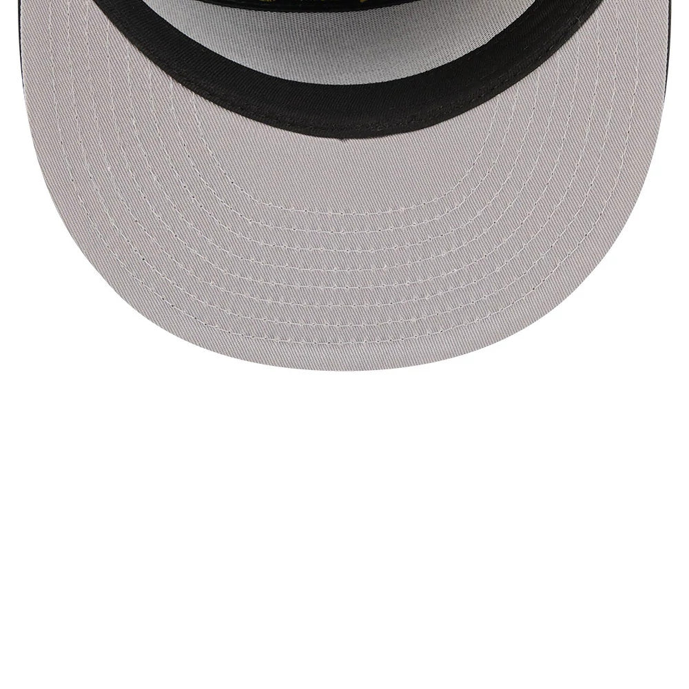 Athletics MLB 59FIFTY Day Black Split Panel New Era 59FIFTY Fitted Cap, inside view showing a cream undervisor with detailed stitching, a black sweatband along the edge, and part of the printed gold visor design on the top side.