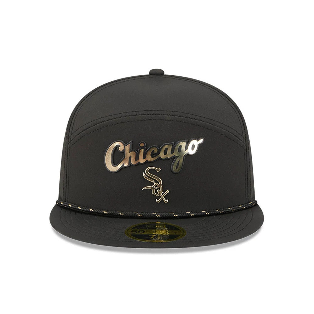 Chicago White Sox MLB 59FIFTY Day Black Split Panel New Era 59FIFTY Fitted Cap, front view with Chicago script logo and Sox emblem embroidery on the structured black crown, featuring a braided rope detail and gold 59FIFTY size sticker on the visor.