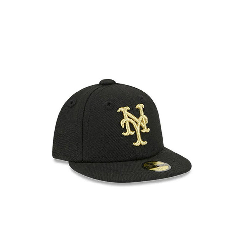 New York Mets MLB New Era 59FIFTY Day Black Mini 59FIFTY Fitted Cap, front view showing the gold embroidered NY logo on the front panel, complemented by a black visor and a gold 59FIFTY size sticker on the visor.