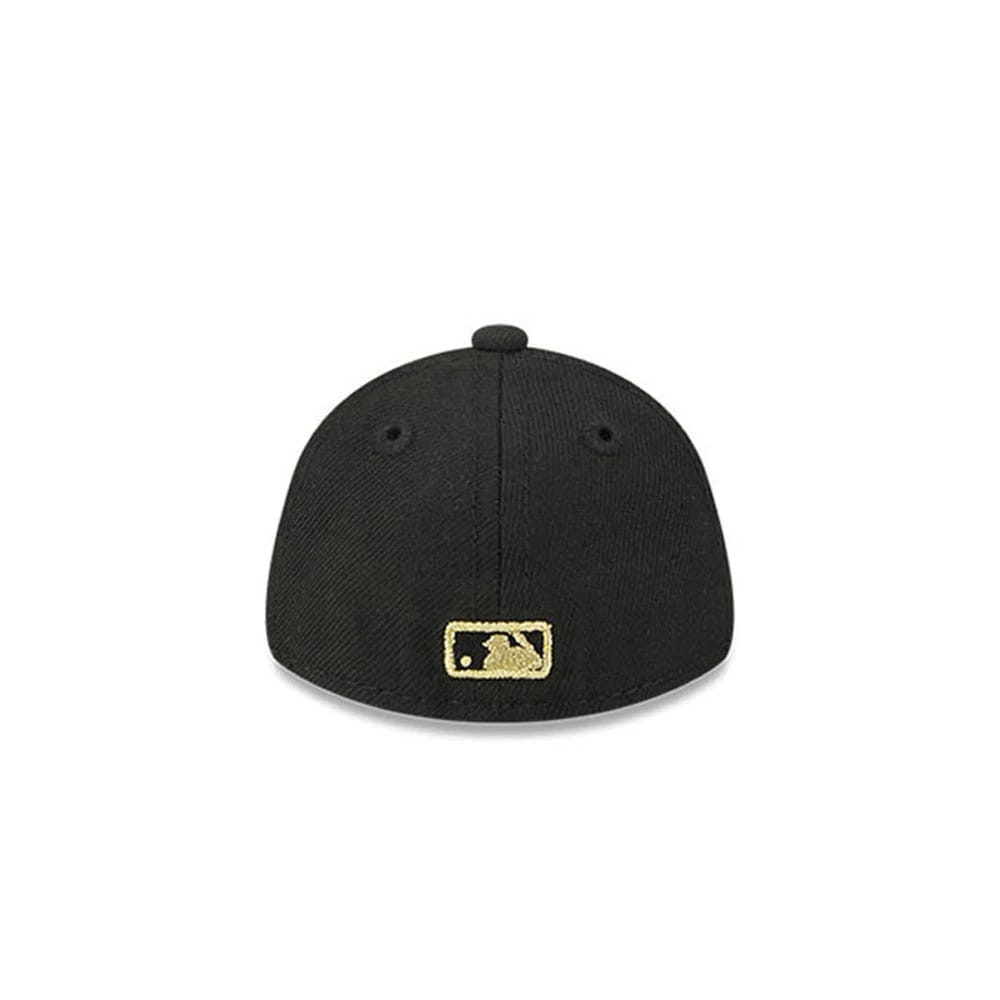 Chicago White Sox MLB New Era 59FIFTY Day Black Mini 59FIFTY Fitted Cap, rear view showing the gold embroidered MLB Batterman logo at the centre back, with a structured black crown and matching black top button.