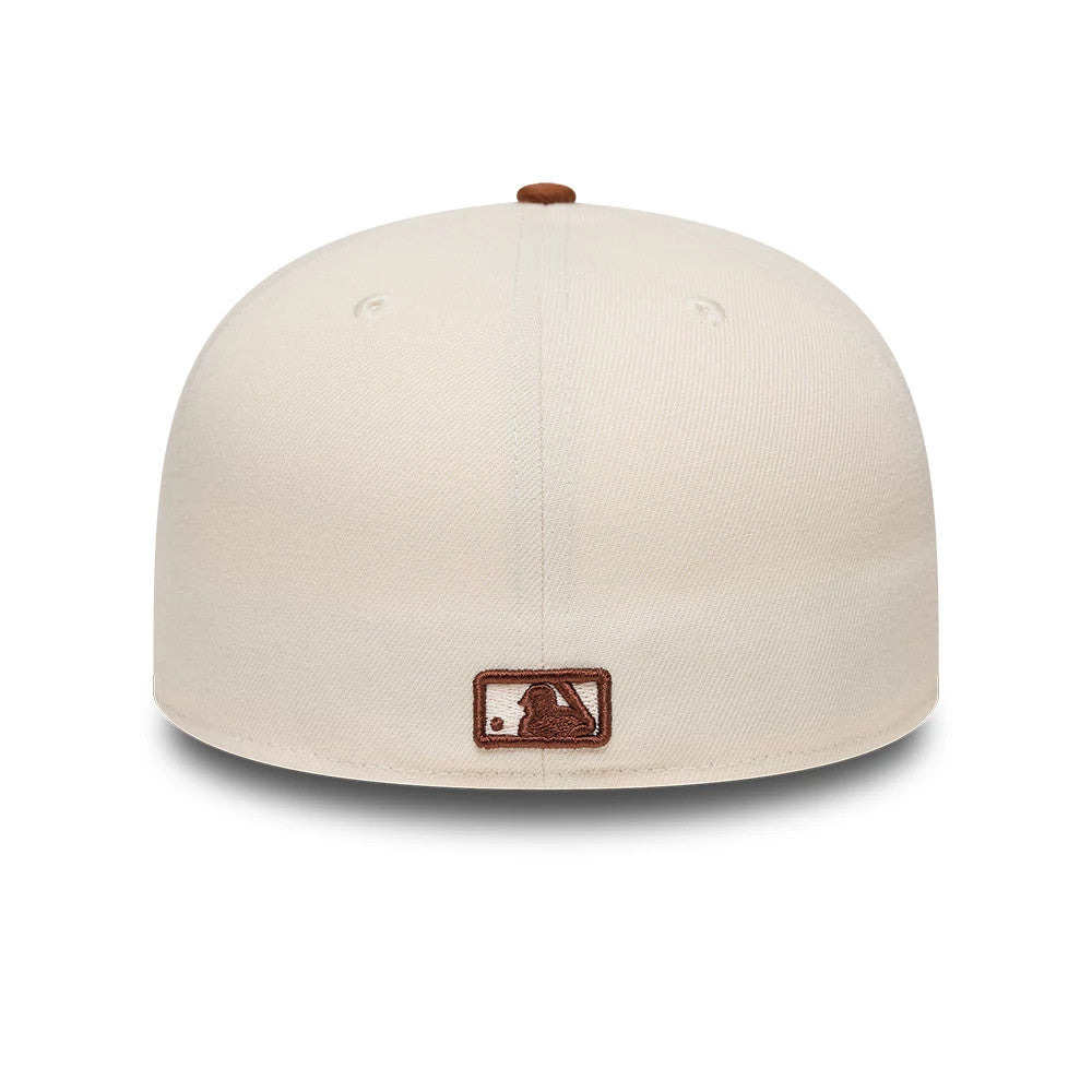 New York Yankees MLB League Essential Cream & Brown New Era 59FIFTY Fitted Cap, rear view showing the brown embroidered MLB Batterman logo at the centre back of the structured cream crown, with a matching brown top button.